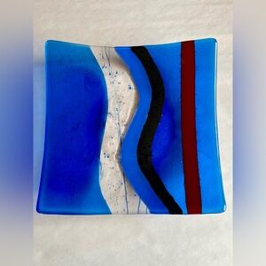 Fused Art Glass Dish in Streaky Blues Black Red BPRDesigns 9.5"